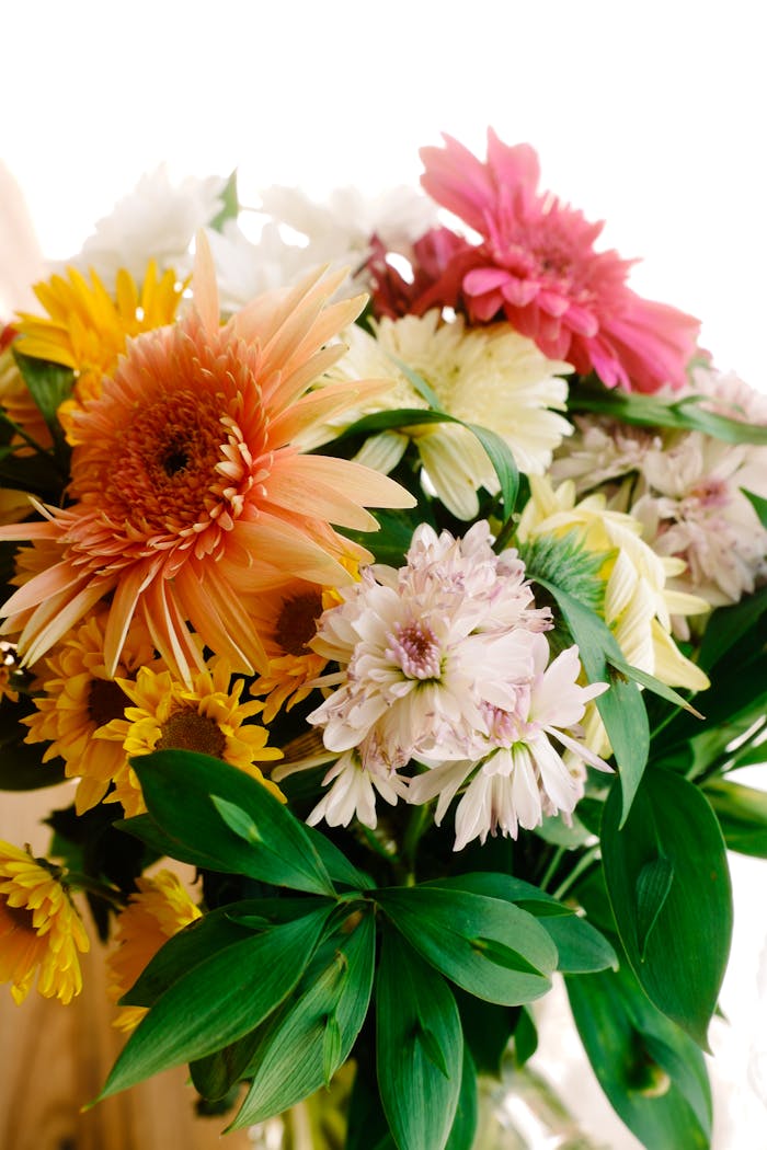 services-03 Beautiful close-up of a colorful and vibrant bouquet featuring various flowers with lush green leaves.